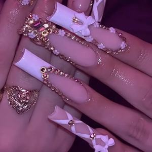 Uñas postizas acrílicas de lujo hechas a mano al por mayor, cuadradas y en forma de ataúd, largas, con patrón de puntas francesas 3D de cobertura completa - Product Image 1