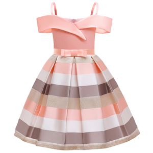 Vestido Maxi Formal de Satén para Niñas, Diseño de Princesa a Rayas sin Hombros con Decoración de Lazo, Verano - Product Image 1