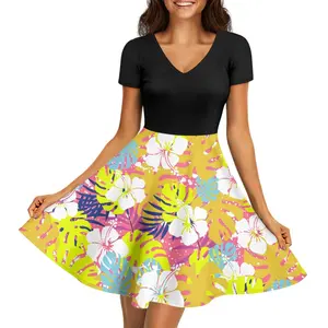 Sublimatie Hibiscus Bloem Design Korte Mouw Elegante Casual Bloemenjurk Voor Vrouwen Groothandel V-Hals Plus Size Damesjurken