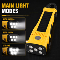 Lampe torche solaire COB LED W5216, corps jaune, IP54, ABS, 1100lm, 3000mAh, lumineuse, pour le camping, avec crochet magnétique et accroche pour le transport