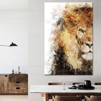 Peinture murale abstraite de lion peinte à la main pour entrée, peinture décorative texturée unique, peinture à l'huile pour art mural animalier de style villageois
