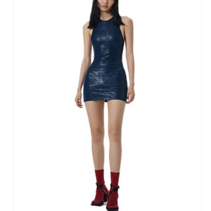 Donna Pu Leather Hollow-out senza maniche Body-con abito corto girocollo Casual Summer Tank Shirt Mini abiti - Product Image 5