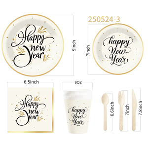 DAMAI New Years Eve Party Supplies Happy New Year Tableware Set <b>Disposable</b> Paper Plates Paper Cup Napkins and Wooden Cutlery - Product Image 5
