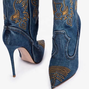 Large Size 44 Denim Short <b>Pants</b> <b>Boots</b> Thin High Heels Pointed Toe Embroidered Ankle Booties Women's Trend on Jeans Shoes - Product Image 5
