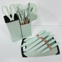 LOVFE Set d'ustensiles de cuisine en silicone de haute qualité de 19 pièces avec poignée en bois et planche à découper Seau de rangement Set de gadgets de cuisine