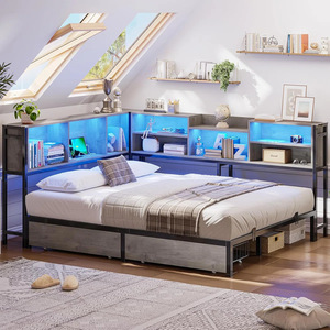 Cross-border floor-standing metal wrought iron <b>bed</b> frame with <b>LED</b> ambient lighting, drawer storage, modern minimalist corner - Product Image 1