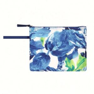 Women Custom Designer Blue Floral Zipper Foldable Large Capacity Travel Toiletry Makeup Cosmetic Bag With Hanging <b>Hook</b> - Product Image 6