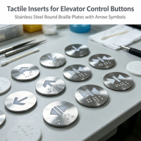 Plaques tactiles rondes personnalisables en acier inoxydable pour boutons d'ascenseur avec inscriptions en braille, symboles fléchés et points en relief, modèle 008