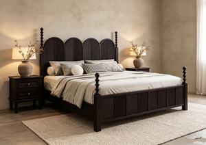 Premium <b>Queen</b> <b>Size</b> Dark Wood Spindle <b>Bed</b> With Arched Rattan Headboard For Farmhouse Bedroom - Product Image 5