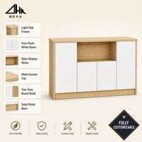 Buffet bicolore blanc et chêne avec quatre portes affleurantes, niche de présentation ouverte pour cuisine et salle à manger, livré en kit