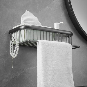 Zinc Alloy Polished Gun Gray Modern Bathroom Rack Square Mesh <b>Basket</b> Wall-Mounted <b>Shelf</b> with Hook and Towel Bar - Product Image 4
