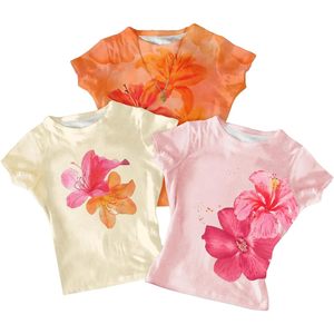 T-shirt décontracté à fleurs pour femme FOXA, manches courtes, col rond, coupe ajustée, haut d'été respirant en polyester tricoté, imprimé par sublimation - Product Image 1