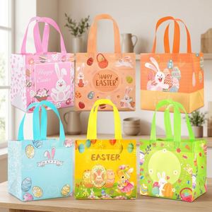Sacs cadeaux de Pâques à motifs de dessins animés avec poignées, réutilisables, non tissés, petits (20-30 cm), décorations de fête pour la chasse aux œufs du lapin de Pâques - Product Image 5