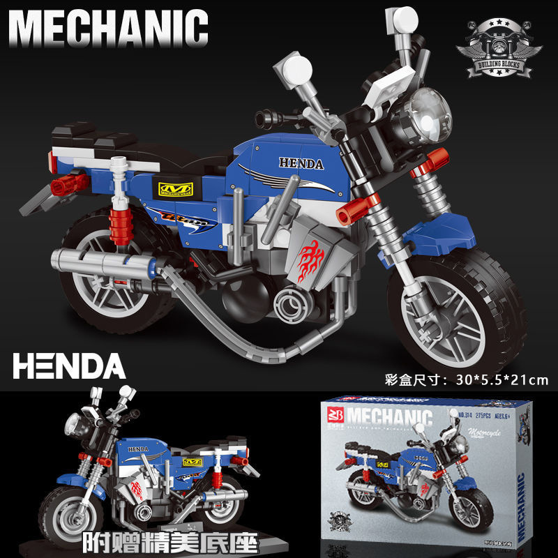 blue-and-white retro motorcycle-diy assembly