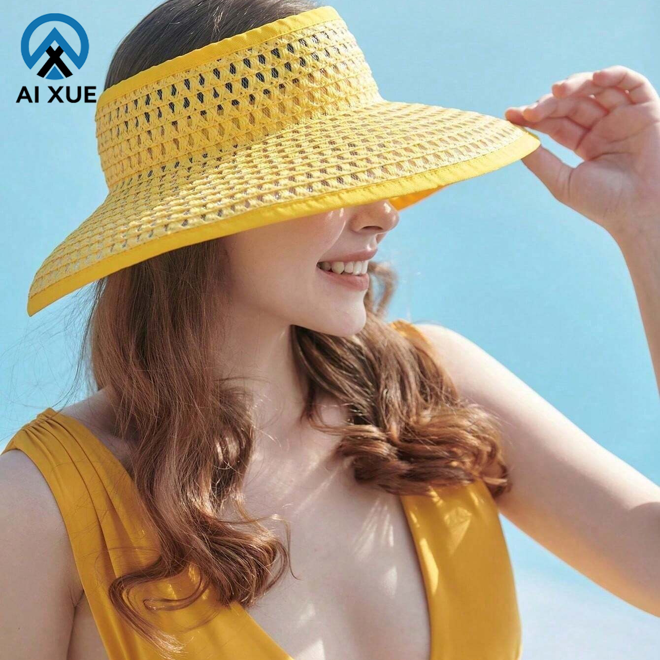 Women's Stylish Wide-Brim Straw Sun Hat UV Protection Foldable Roll-Up Visor Cap Empty Top Sun Hat Made Natural Travel Fishing