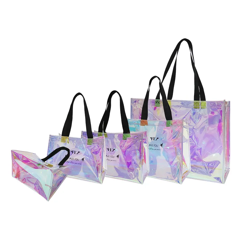Custom Logo Transparent Laser Shopping Tote Iridescent PVC Holographic Shopping Bag