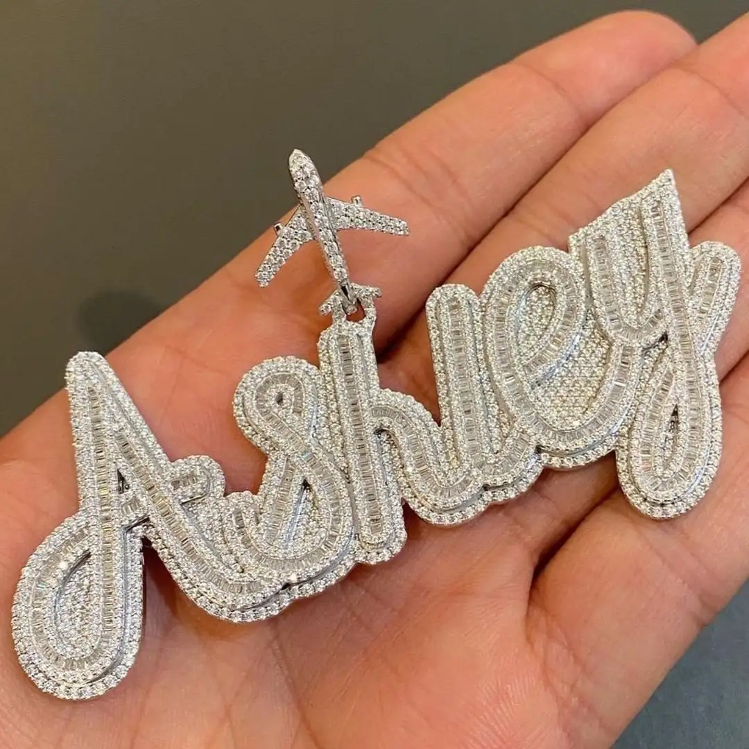 Hip Hop Schmuck Custom Brush Kursiv buchstabe Two Tone Name Halskette Anhänger Personal isierte Diamant kette