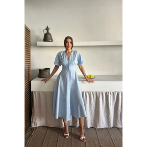 Vestido de Lino Azul de Alta Calidad con Cuello en V y Botones - Estilo Casual Vintage con Borlas a la Moda, Talla Única XS-XL para Fiestas Diurnas de Primavera - Product Image 6