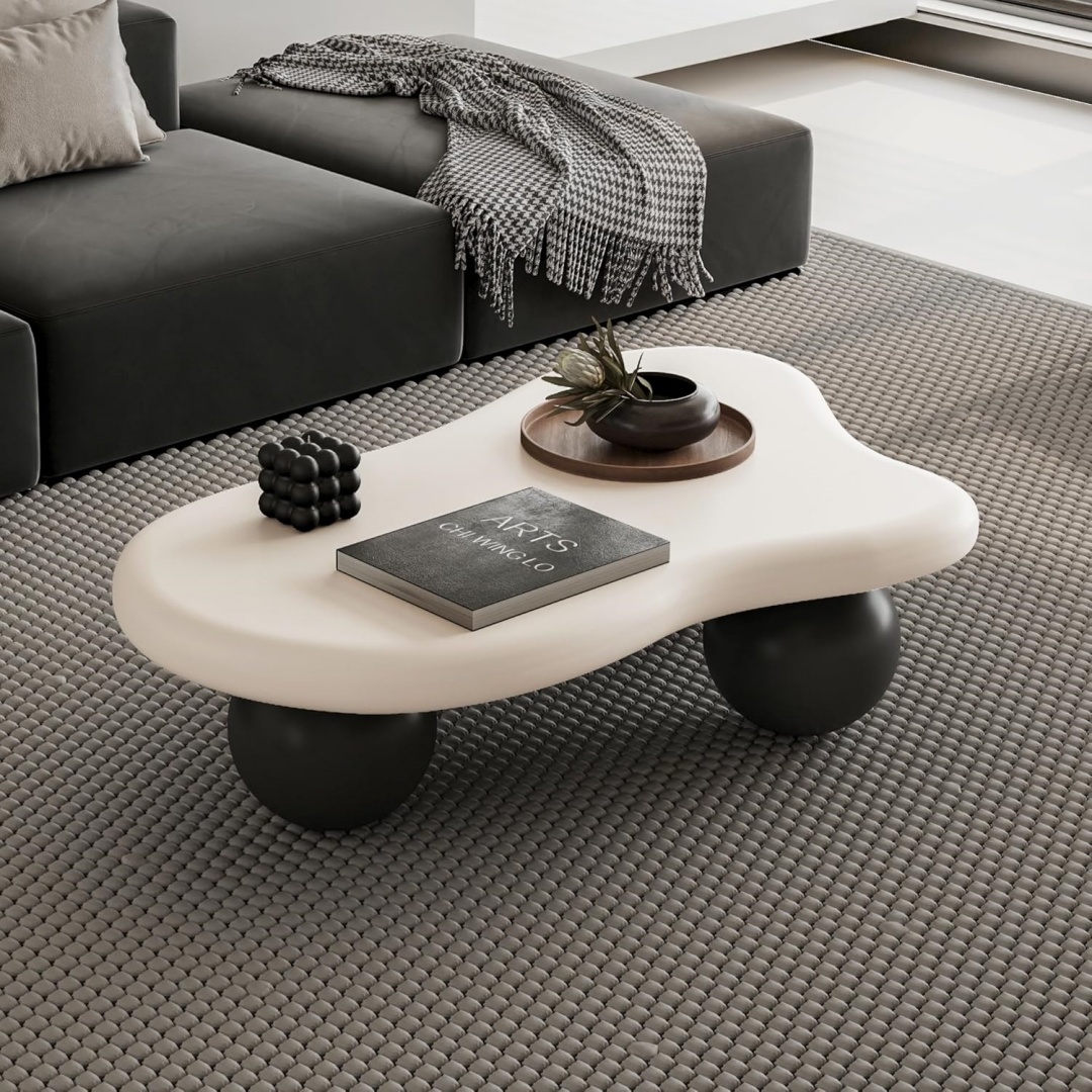 Nordic Minimalist Cream White Coffee Table – Scandinavian Wooden Tea Table with Unique Black Ball Base for Modern Living Room - View 3