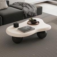 Table à café et à thé élégante de style nordique minimaliste, couleur crème, base unique en boule noire, design en bois, style scandinave