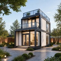 Résidence mobile préfabriquée à deux étages avec escalier extérieur, balcon et portes en verre