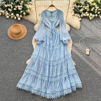 Robe longue décontractée pour femme, coupe trapèze, avec empiècements en dentelle, manches longues, col en V, à volants, élégante, ample et fluide, idéale pour les vacances et le quotidien