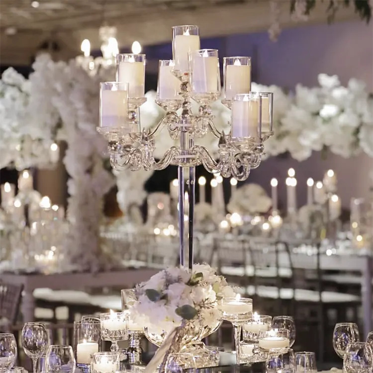 Grand candélabre en cristal fait à la main, bougeoir de luxe à 9 bras, pièce maîtresse de mariage