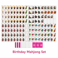 Ensemble de Mahjong Thème Anniversaire avec Bougie Gâteau, Ballon et Motifs de Tuiles de Fête pour Soirées Ludiques et Cadeaux