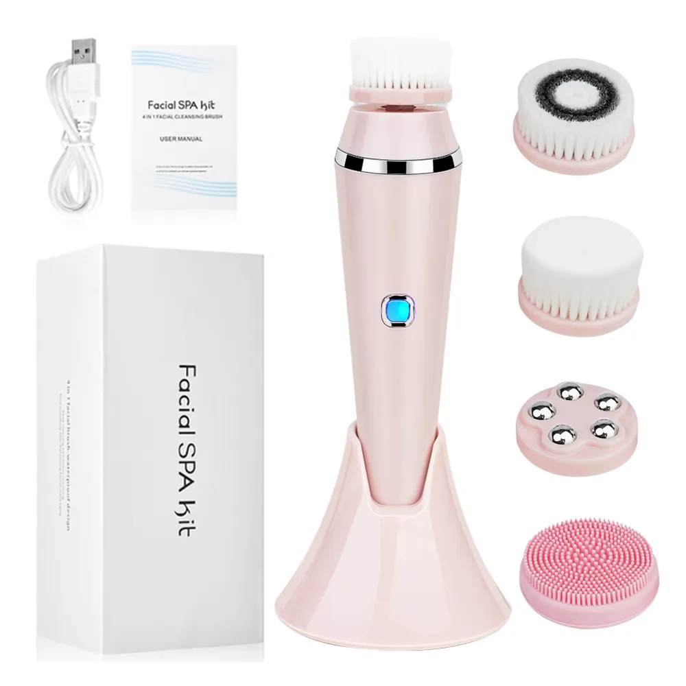 Home Used 4 in 1 Rechargeable Electric Face Brush Roller Spining Exfoliator Facial Cleansing Brush