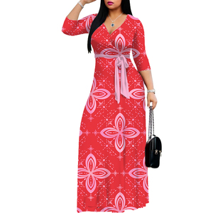 Robes décontractées à col en V de style tropical hawaïen vêtements grande taille à manches longues pour femmes robe longue au sol de l'île Samoan - Product Image 2