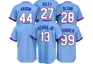 Maillot de baseball bleu clair pour hommes Atlanta AARON # 44 RILEY # 27 OLSON # 28 ACUNA JR # 13 STRIDER # 99 Nom et numéro brodés, manches courtes - Product Image 1