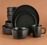 Service de vaisselle en porcelaine noire mate effet pierre, 16 pièces, jetable, compatible micro-ondes et lave-vaisselle, design moderne et robuste