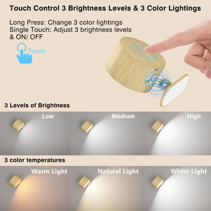 Lampe murale rechargeable à commande tactile magnétique, 3 températures de couleur, intensité réglable, rotation à 360 degrés, applique murale sans fil pour chambre à coucher - Product Image 2