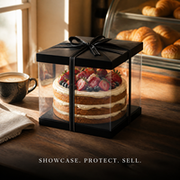 Boîtes à gâteaux en plastique transparent recyclables avec couvercle noir gaufré, carrées et hautes, pour emballage de pâtisserie, anniversaires et mariages