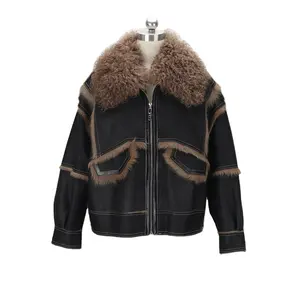 2024冬の女性のジャケット女性のためのラムカーリーファー襟ムールジャケット
