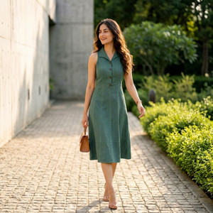 Women Green <b>Linen</b> Cotton Collared Neck Sleeveless Midi Dress Casual Dresses For Women Featuring Lightweight <b>Fabric</b> Fit - Product Image 1