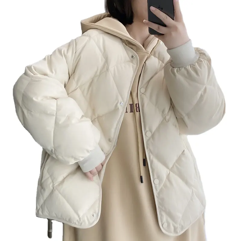 Chaqueta de plumón de pato blanco rombos personalizada para mujer, abrigo corto grueso de invierno, 90%