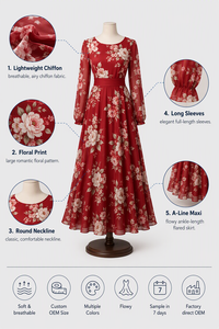 <span class=keywords><strong>Robe</strong></span> longue fluide en mousseline à col rond et manches longues, coupe trapèze, avec logo personnalisé OEM, pour femme, style bohème vintage, idéale pour les vacances d'été, motif floral - Product Image 2