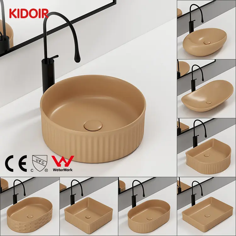 Kidoir Custom Round Shape Made In China Matte Khaki Ceramic Hotel Bathroom Counter Top Wash Basin Sink Oval Hand Art Wash Basin