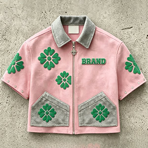 T-shirt <span class=keywords><strong>Corta</strong></span> Vintage Personalizzata con Colletto Rialzato, Chiusura a Cerniera, Ricamo Floreale, Stile Streetwear in Camoscio - Product Image 4