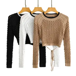 2022 new arrivals trend sexy hollowed-out sweater pullover big leak back tie rope crochet women's sweaters with lace