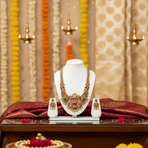 High Quality Traditional South <b>Indian</b> Temple Ethnic Brass Laxmi Bridal Set Zircon Flower Design Rose Gold Plated Engagement - Product Image 3