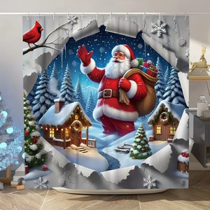 Cortina de Ducha de Poliéster con Diseño de Santa Claus y Nieve Roja, Cortina de Baño con Impresión Digital, Impermeable, Impresión Personalizada, Venta al por Mayor, Moderna - Product Image 2