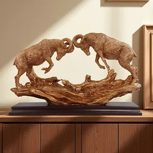 Escultura de Resina de Dos Carneros Dorados en Duelo sobre Base de Madera, Estatua de Ovejas de Cuernos Grandes en Lucha con Cuernos Entrelazados, Arte de Mesa con Temática de la Naturaleza - Product Image 4