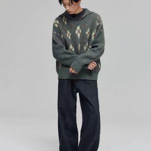 Suéter de mezcla de lana con cuello en V y gran solapa, diseño jacquard con estampado de rombos, ¡Gran Venta! - Product Image 3