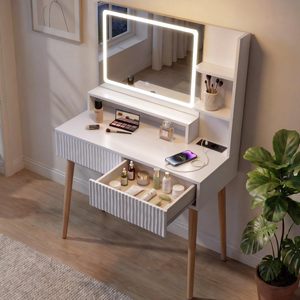 Tocador de Maquillaje Moderno SENYU Blanco con Espejo LED Iluminado y Estación de Carga, Diseño Escandinavo para Dormitorio - Product Image 2