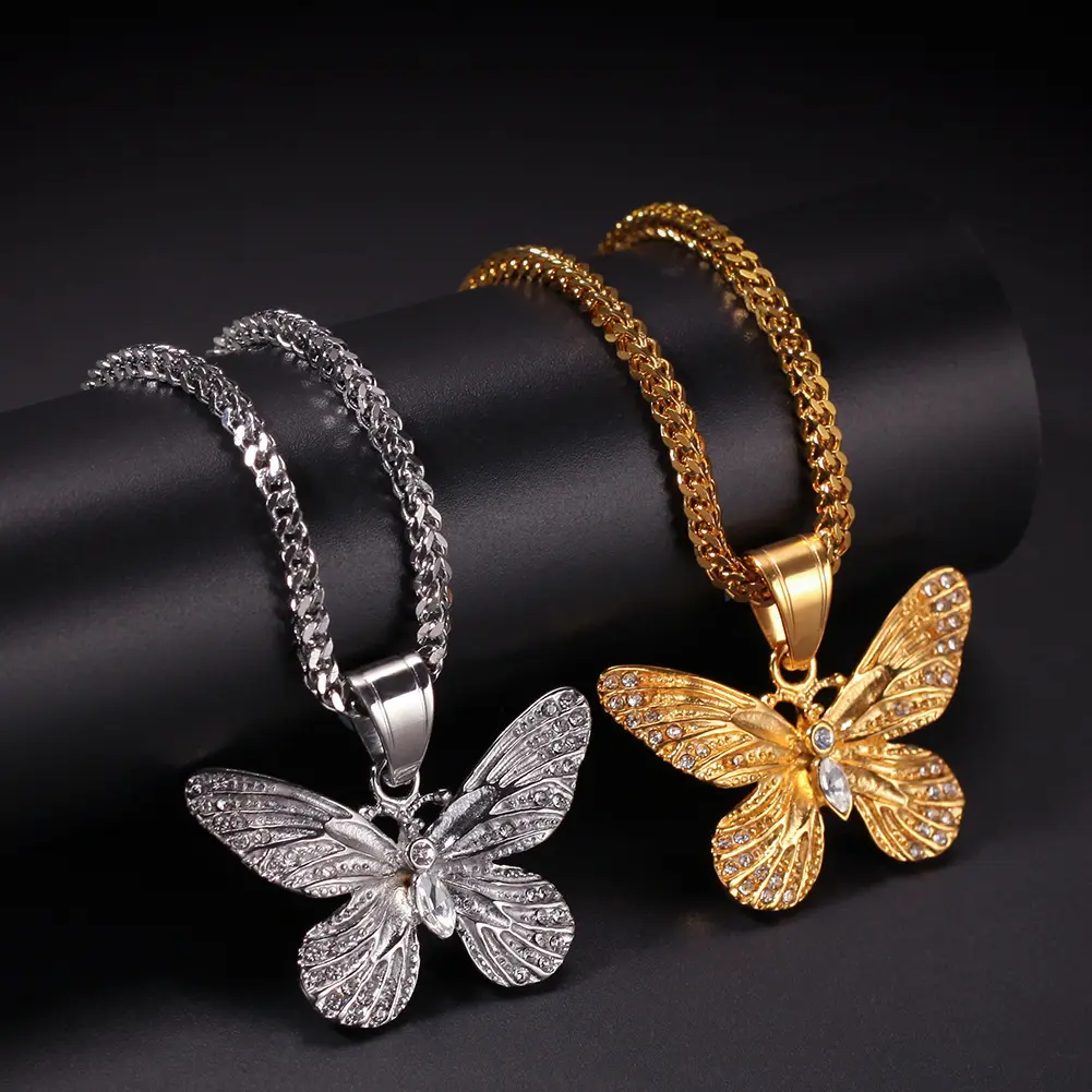Collar de moda encantos galvanizado borde de oro Hip Hop oro Acero inoxidable hombres completo diamante mariposa colgante collar