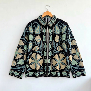 Bohemian Black Cotton Embroidered Jacket With Floral & Pomegranate Pattern Full Sleeve <b>Stand</b> Collar Handmade Women's Autumn <b>Coat</b> - Product Image 1