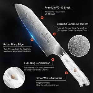 Coltello Santoku Forgiato all'Ingrosso in Acciaio Damasco VG10 con Manico in Pietra Turchese Bianca - Coltelli Professionali da Cucina - Product Image 2