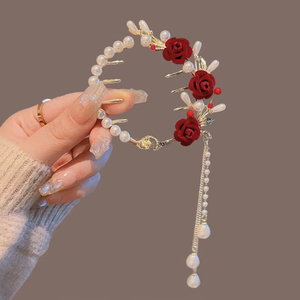 Elegante fermaglio per capelli con perle e nappe a forma di rosa per donne e ragazze, accessorio per feste. - Product Image 4